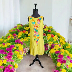 Vtg 70's Phil Rose of California Yellow Embroidered Floral Sheath Dress Sz M